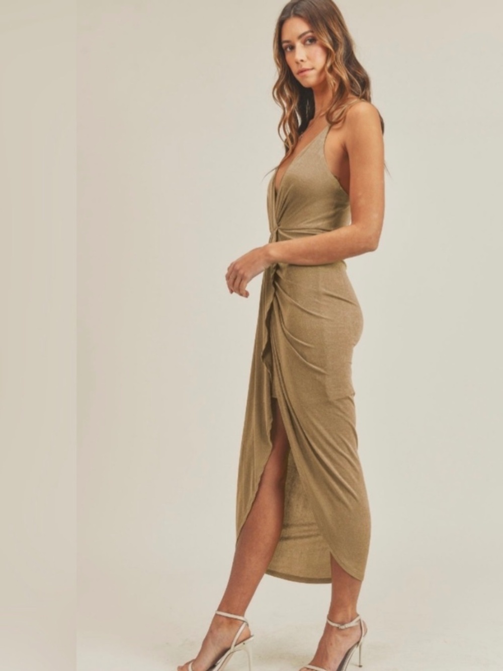 Mable tan sleeveless draped midi dress